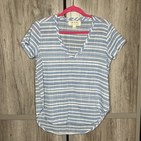Cloth & Stone Cotton Top Striped V Neckline Blue and White Size XS - Picture 1 of 6